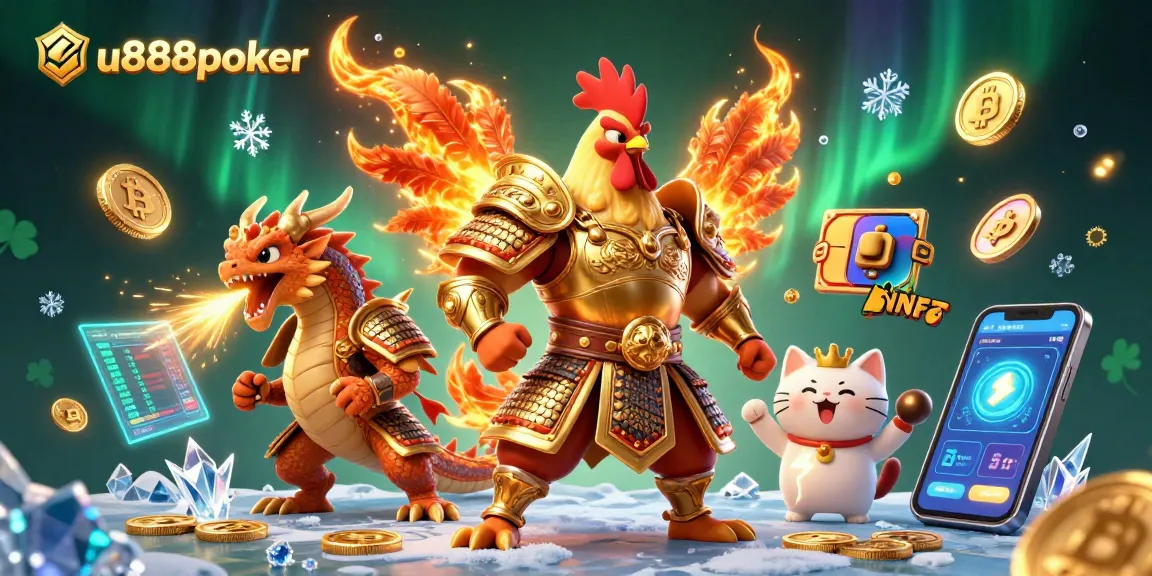 Engage in vibrant gaming with u888poker, featuring thrilling illustrations of a fighting rooster and dragon.