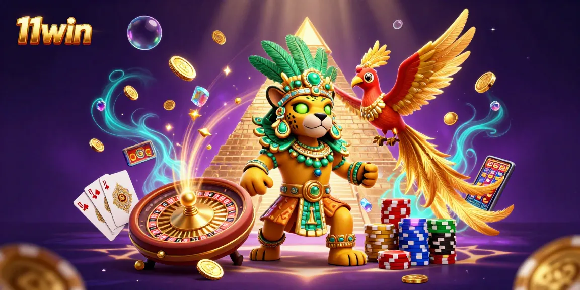 Engage with 11win's thrilling casino experience featuring a 3D Mayan jaguar priest.