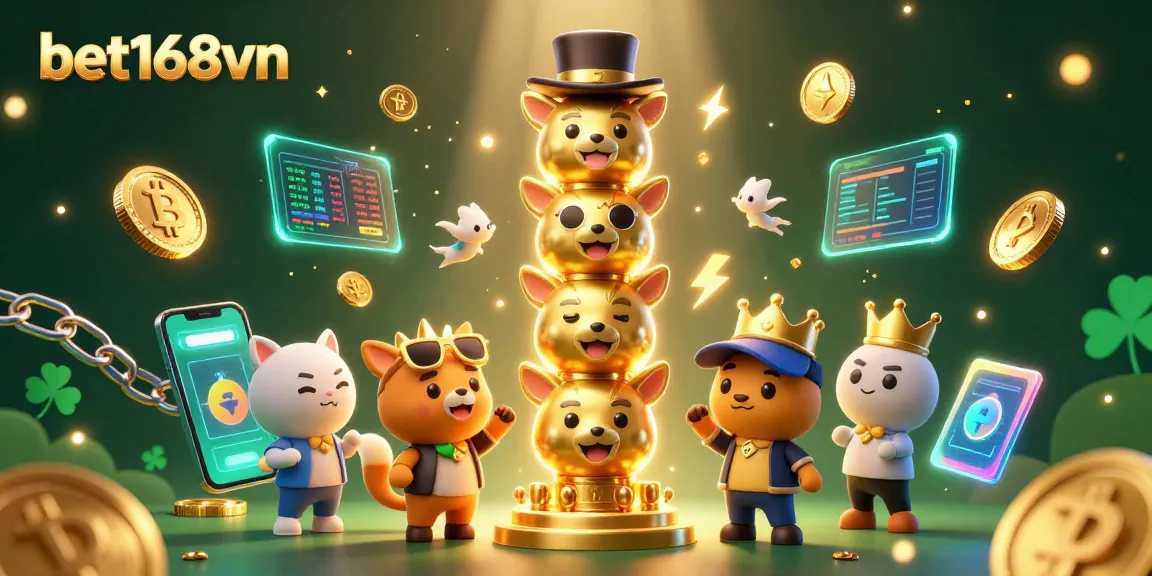 Experience gaming excitement with bet168vn as animated characters and crypto coins light up the casino.