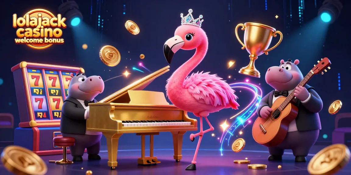 Experience the excitement with lolajack casino welcome bonus featuring a lively casino scene filled with games and characters.