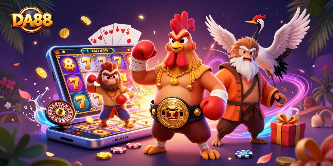 Join the excitement of DA88 with a vibrant 3D illustration showcasing casino games and animated characters.