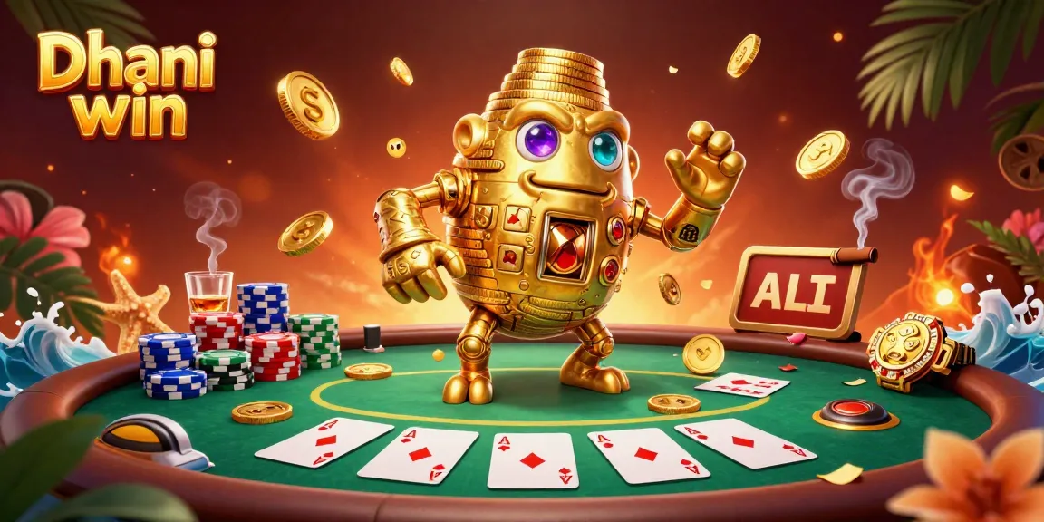 Dhani win gaming scene featuring an ancient golden golem with poker elements and casino atmosphere