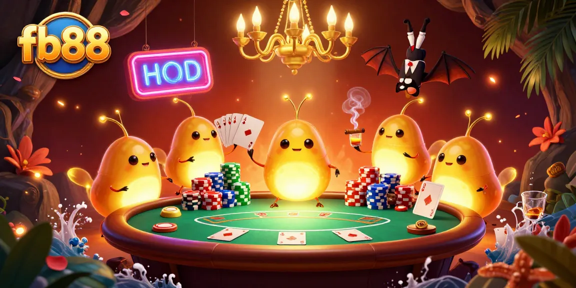 Play exciting card games at fb88's vibrant cave casino illuminated by glowing characters.