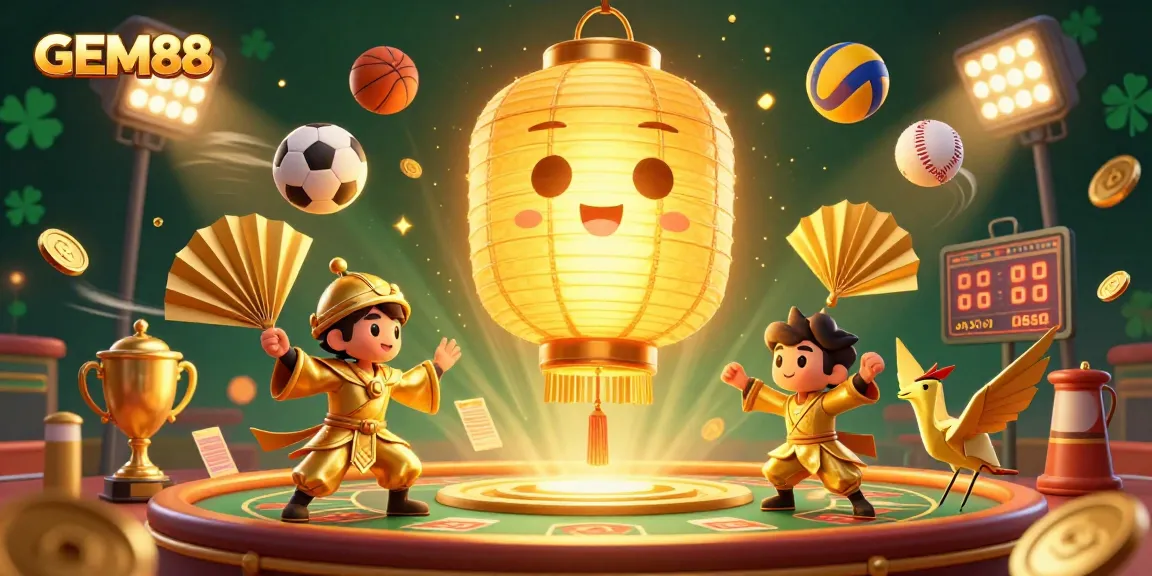 Experience exciting gaming action at GEM88 with vibrant 3D scenes featuring dynamic sports elements and golden magical characters.