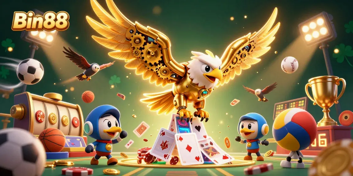Engage with Bin88, showcasing a vibrant online casino scene featuring dynamic elements and stunning 3D visuals.
