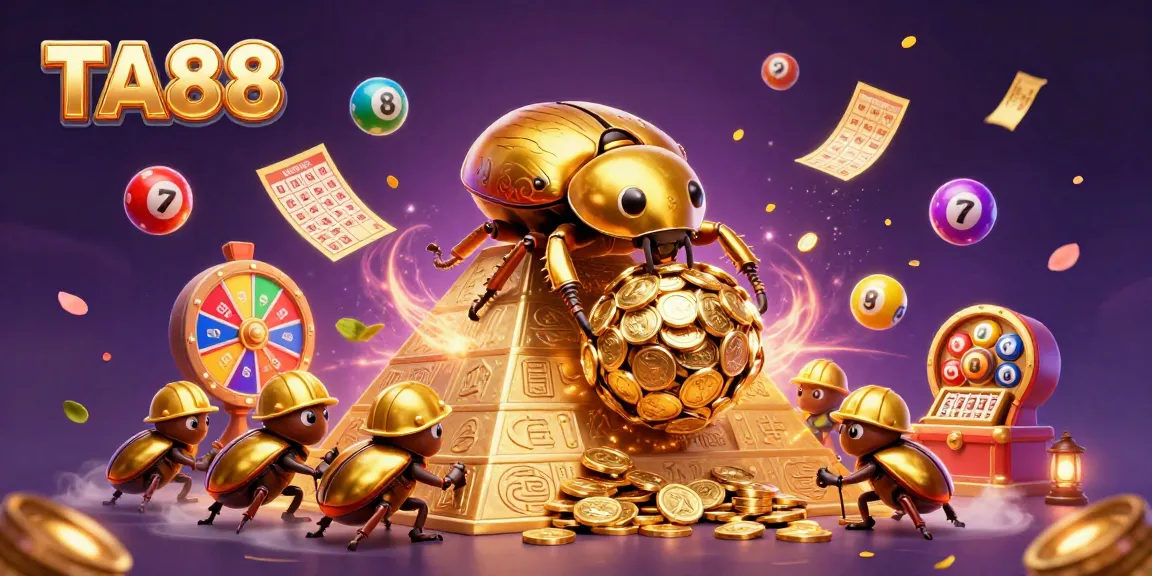 Engage with TA88 for vibrant lottery action featuring golden beetles and casino symbols.