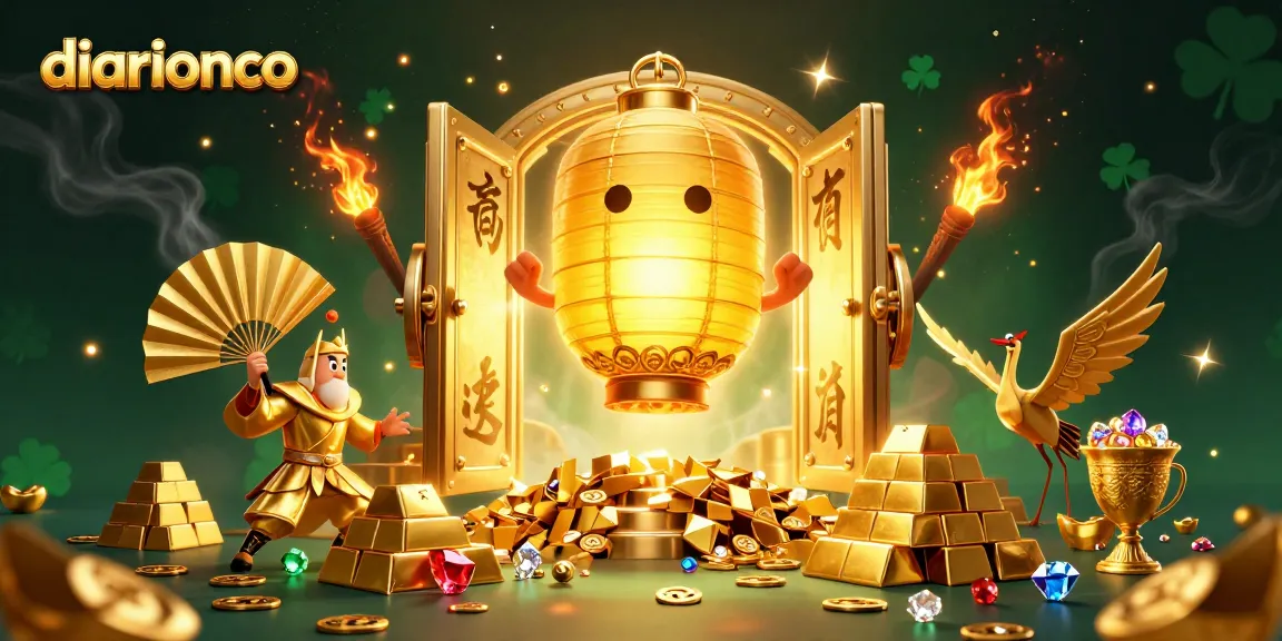 Experience the excitement of gambling at diarionco with a golden lantern spirit illuminating a casino scene filled with treasures.