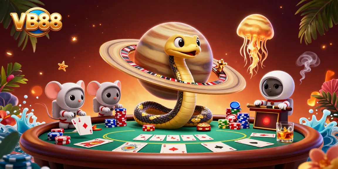 Bet on VB88 as characters enjoy a cosmic casino adventure with vibrant atmospheric elements.