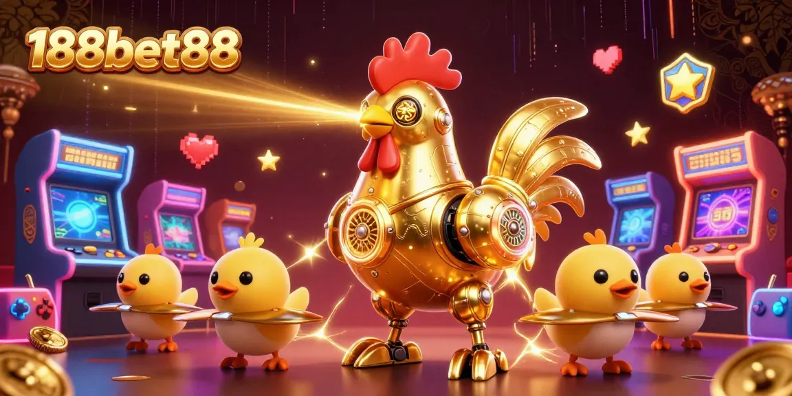 Join the excitement at 188bet88 with a laser-eyed golden rooster amidst glowing arcade casino elements.