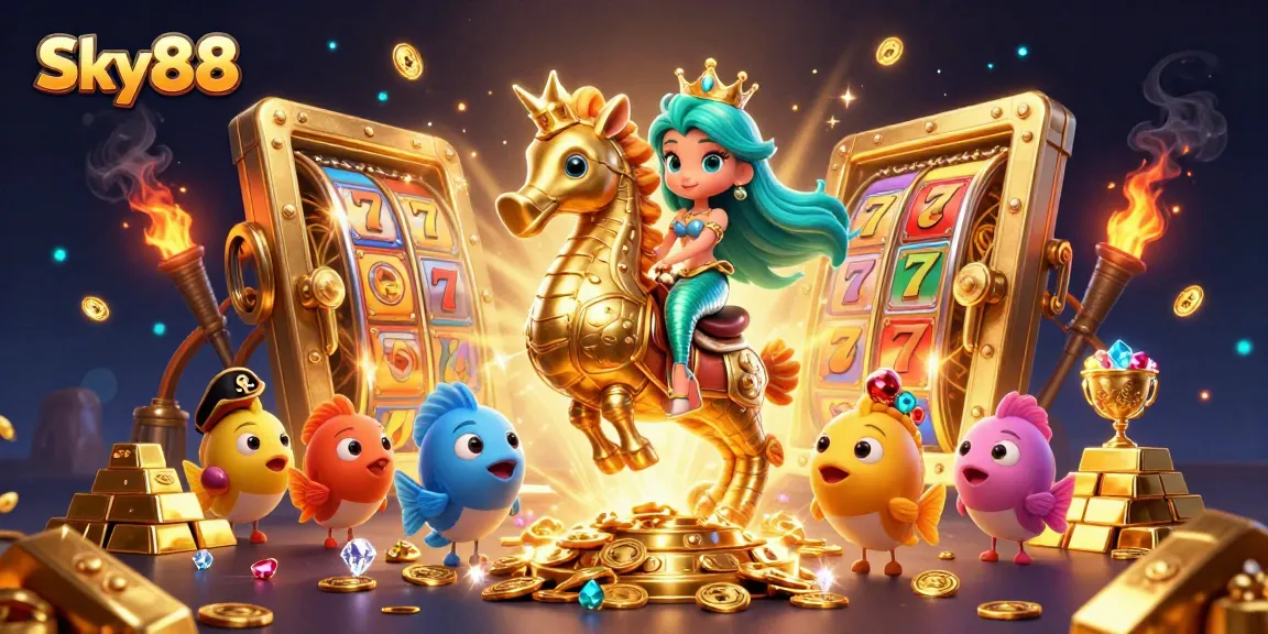 Sky88 casino features vibrant slot reels and captivating characters in a glittering underwater scene.