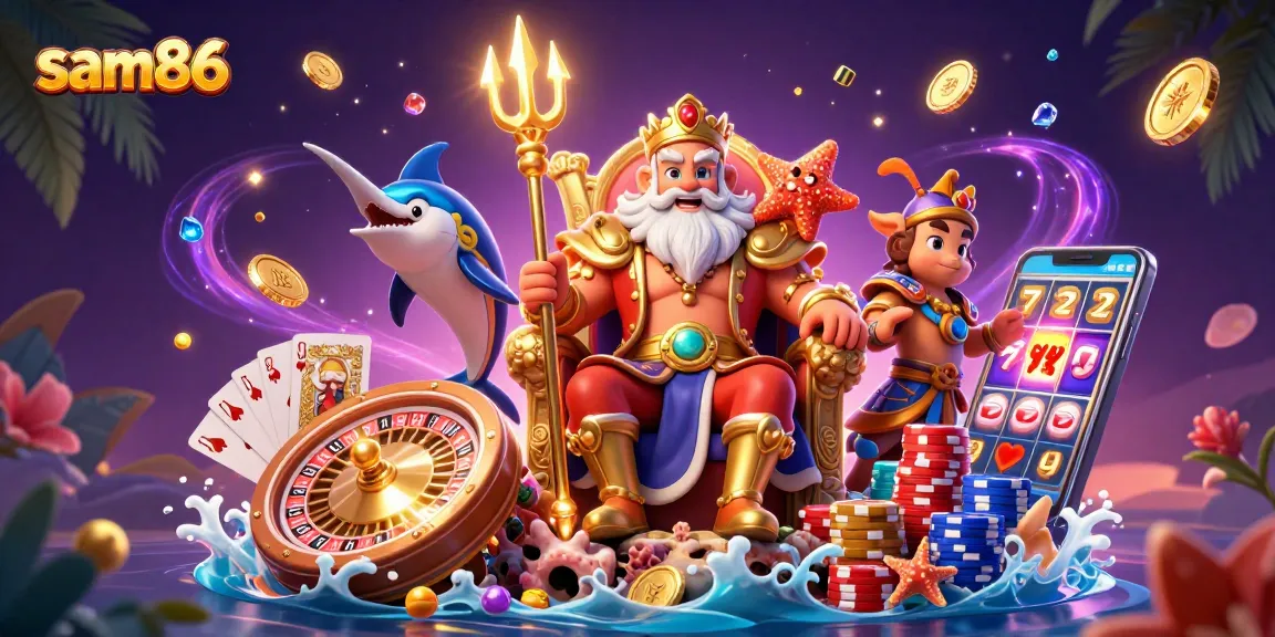 Win big with sam86 in a vibrant 3D casino scene featuring Neptune and sparkling treasures.