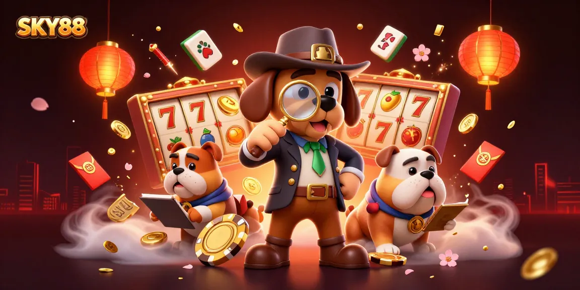 Engage with SKY88's thrilling slot games through a vibrant 3D casino scene featuring a detective and his dog.
