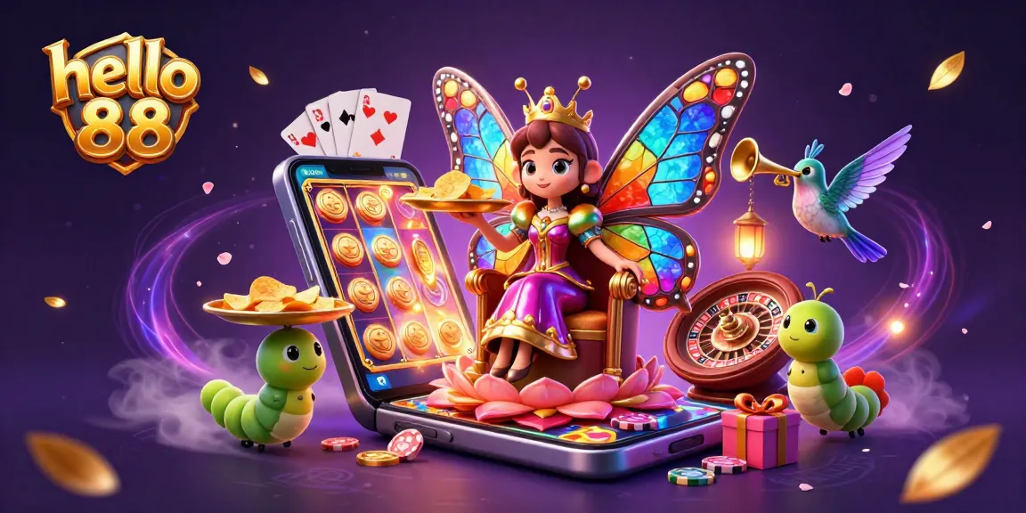 Experience immersive gaming at hello 88, where a butterfly queen presides over a vibrant casino scene filled with excitement.
