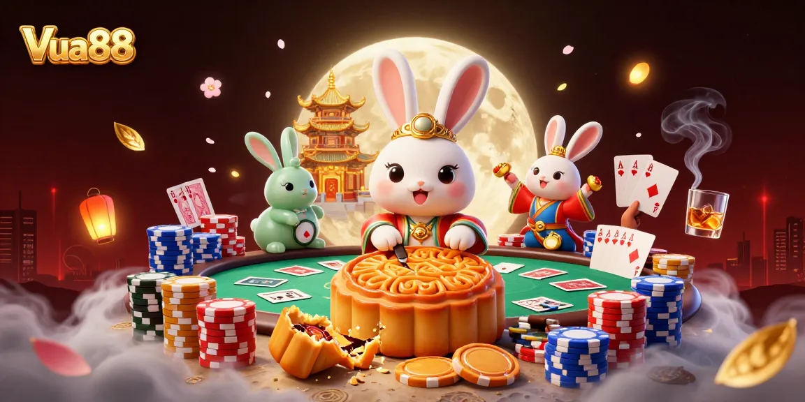 Experience Vua88 as a moon rabbit reveals poker chips from mooncakes in a vibrant casino scene.