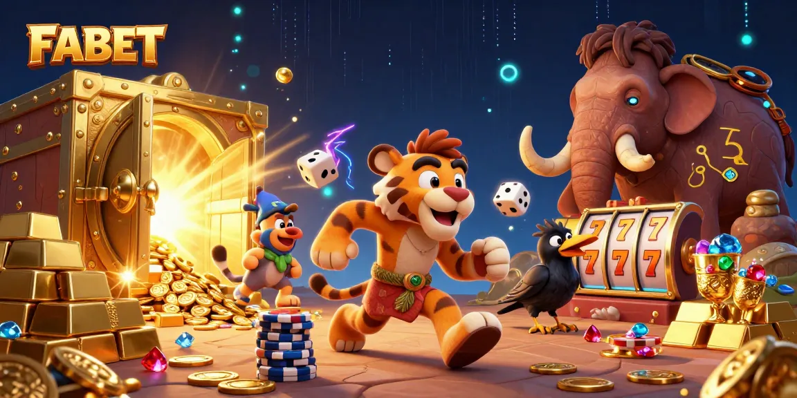 Experience thrilling gameplay at FABET with a vibrant prehistoric casino scene filled with treasures.