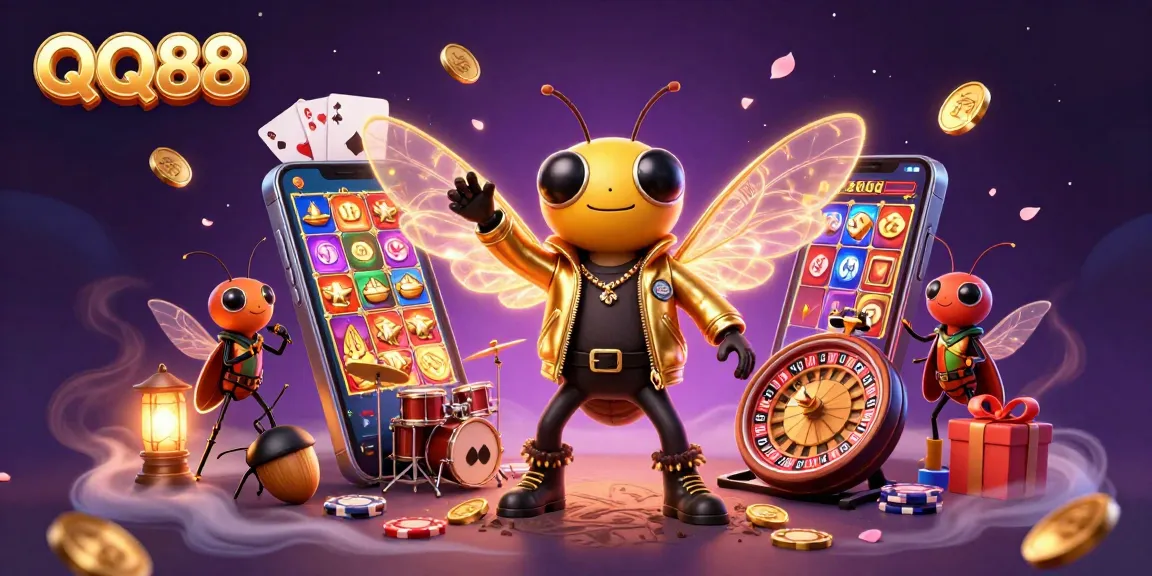 Experience the excitement of QQ88 with a vibrant 3D illustration showcasing a rock star cicada and game elements around them.