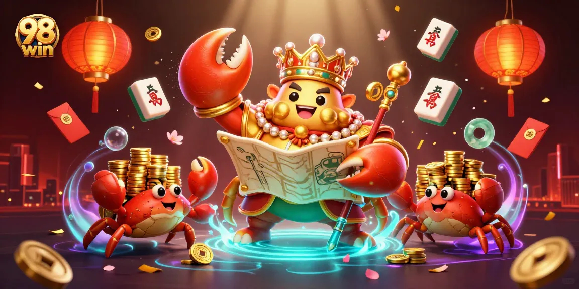 Experience the thrill of 98 win with a vibrant casino scene featuring the golden crab emperor and treasures.