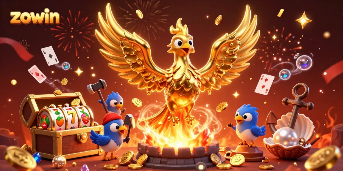 Zowin's online casino features a mythical phoenix and gold coins in a dynamic gaming scene.