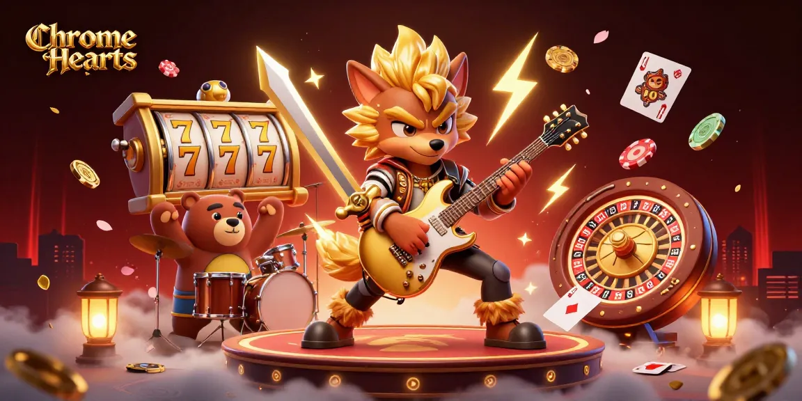 Chrome Hearts themed casino illustration with a rock star wolf and a drummer bear in an action-packed scene.