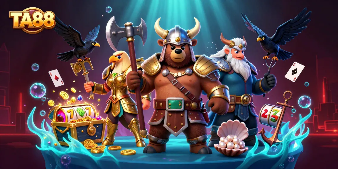 Experience excitement with TA88, a vibrant 3D casino scene featuring a Viking bear and Valkyrie amidst rich game elements.