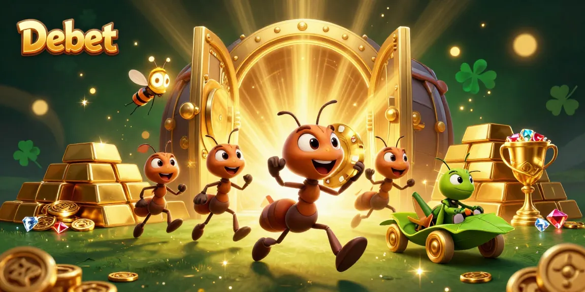Debet shines with excitement as ants carry a giant poker chip amidst shimmering treasures.