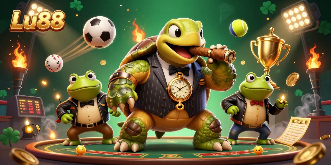 Engage with Lu88's vibrant casino floor featuring a snapping turtle in a suit, showcasing sports excitement and dynamic elements.