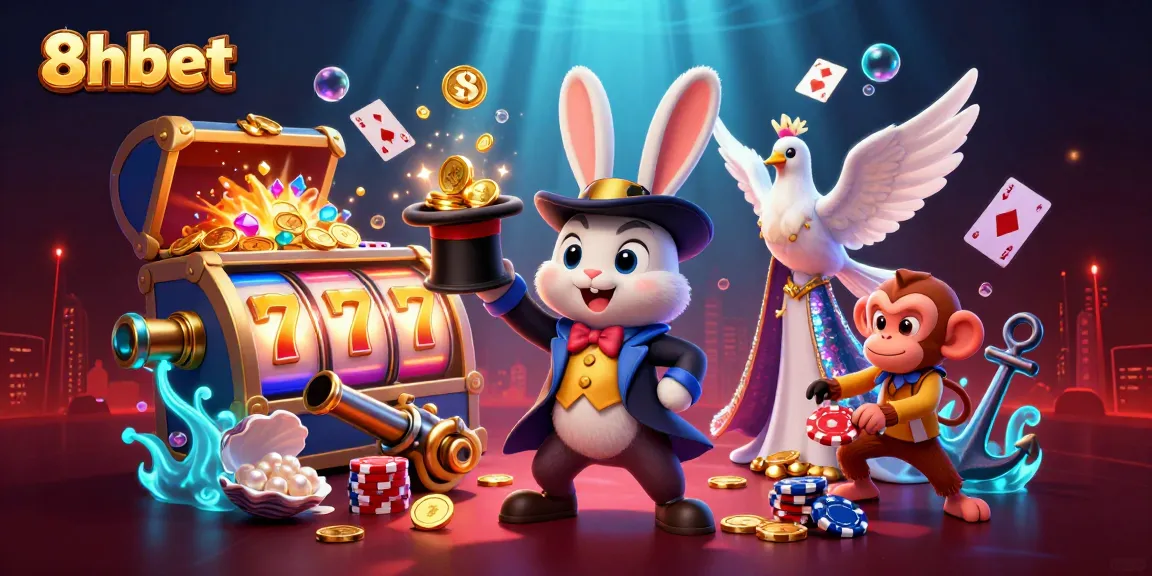 Engaging scene of 8xbet's magical casino with characters showcasing slots and poker excitement.