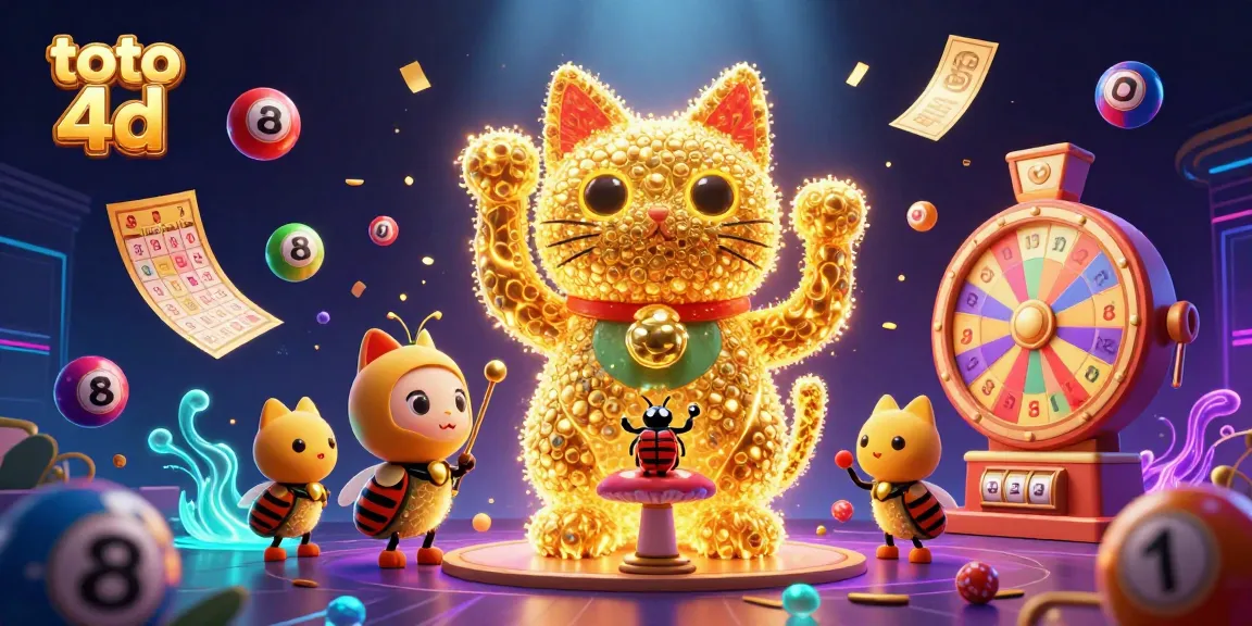 Engage with thrilling toto 4d gaming as colorful lottery balls and dynamic elements surround a lucky cat mascot.