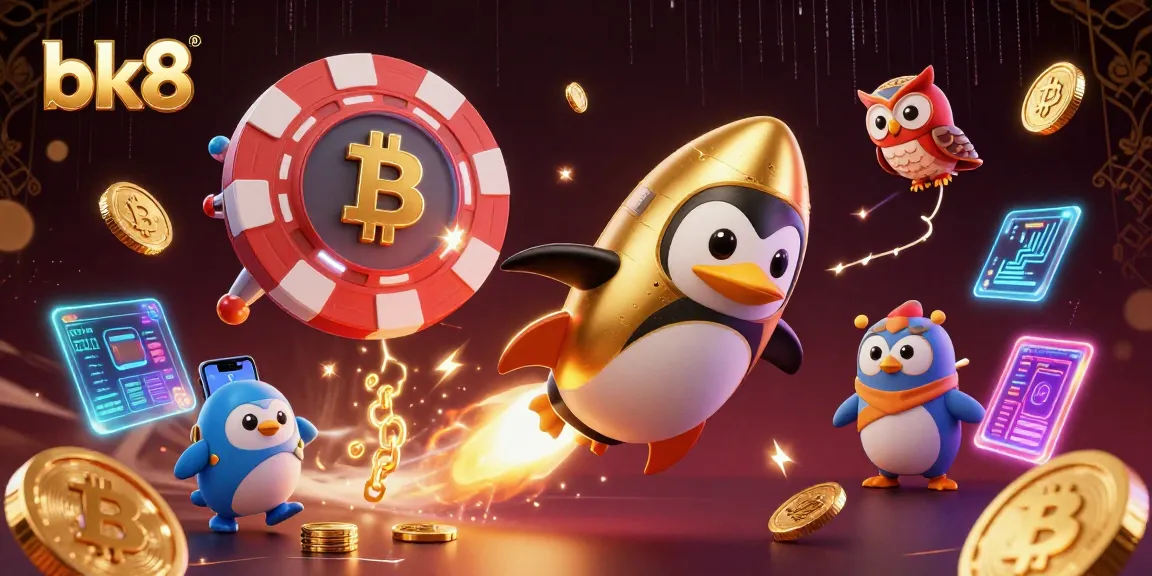 Bet on bk8 with a golden penguin soaring to a casino space station amidst crypto elements.