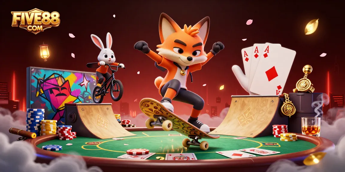 Experience FIVE88 COM in a vibrant 3D casino scene full of action and dynamic characters.
