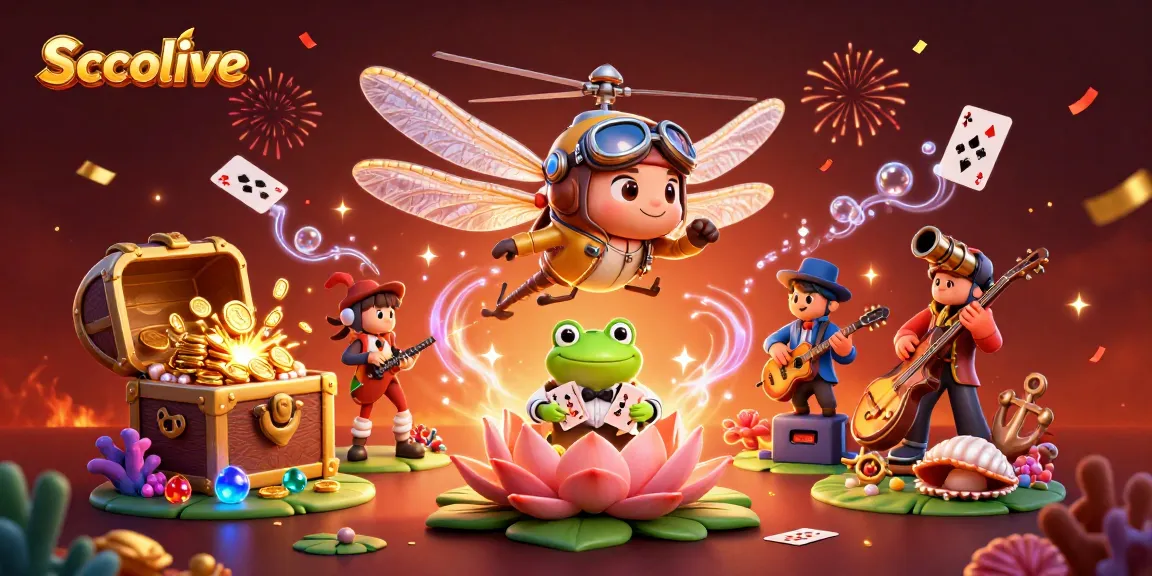 Socolive showcases a vibrant casino scene with a dragonfly pilot and frog dealer amidst gold coins and jazz musicians.