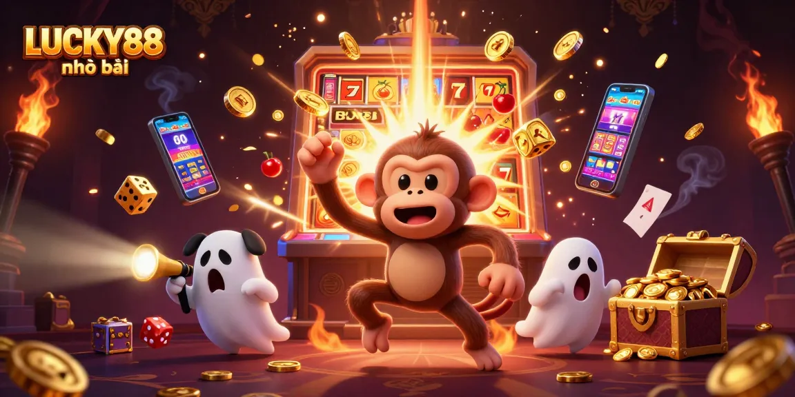 Engaging scene with LUCKY88 nhà cái showcasing a playful poltergeist monkey and a curious puppy in a vibrant casino environment.