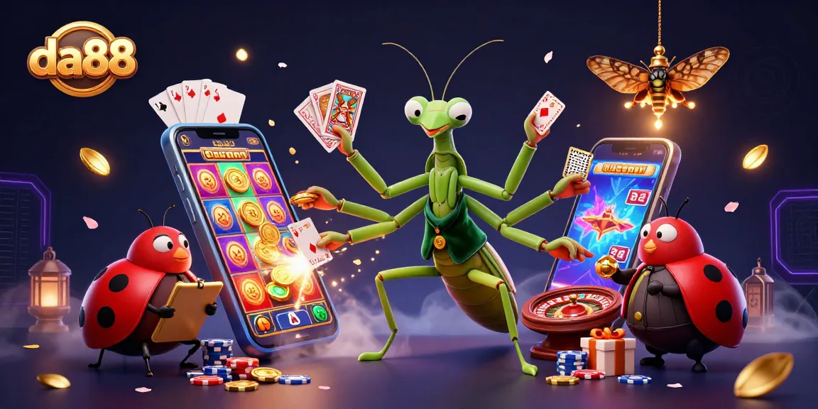Engage with the da88 thrilling casino world featuring a giant mantis dealer and colorful games.