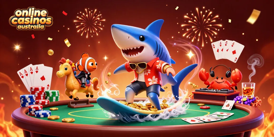 Experience the vibrant fun of online casinos australia with a shark surfing on gold coins!