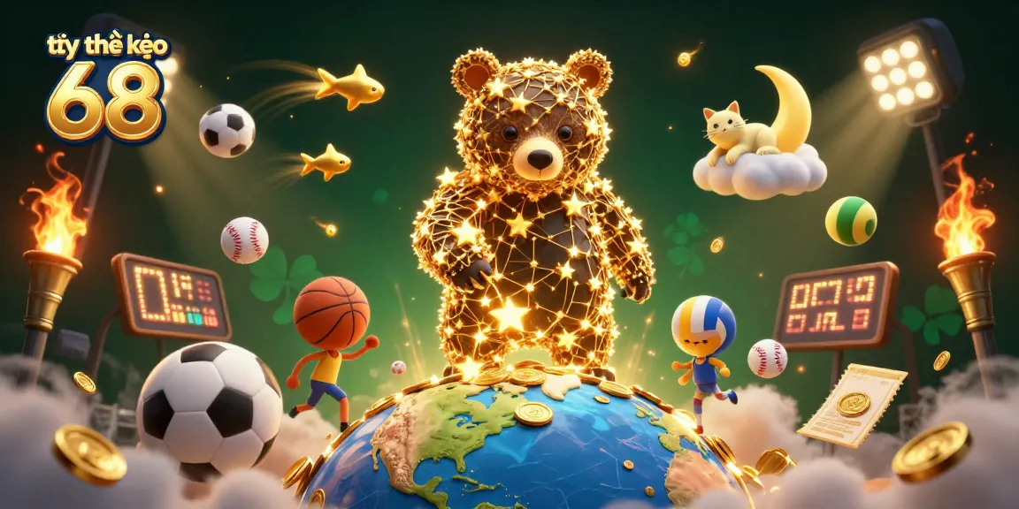 Tỷ lệ kèo 68 showcases a dynamic sports betting scene with golden stars and coins, symbolizing winning strategies in gambling.