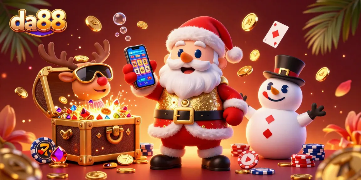 Play slots with da88 in this festive casino scene featuring a cheerful Santa and his companions.