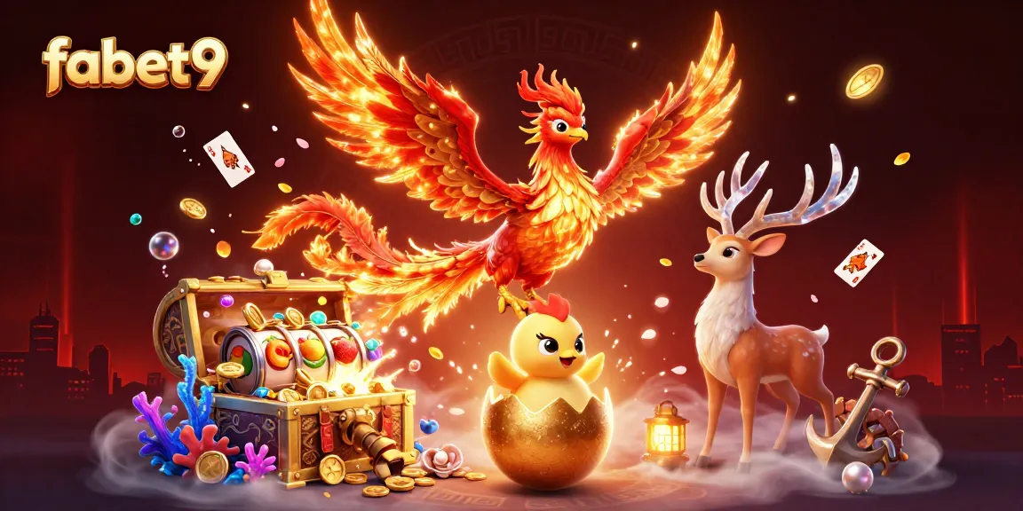 Experience fabet9's vibrant gaming scene with a soaring phoenix and rich slot elements.
