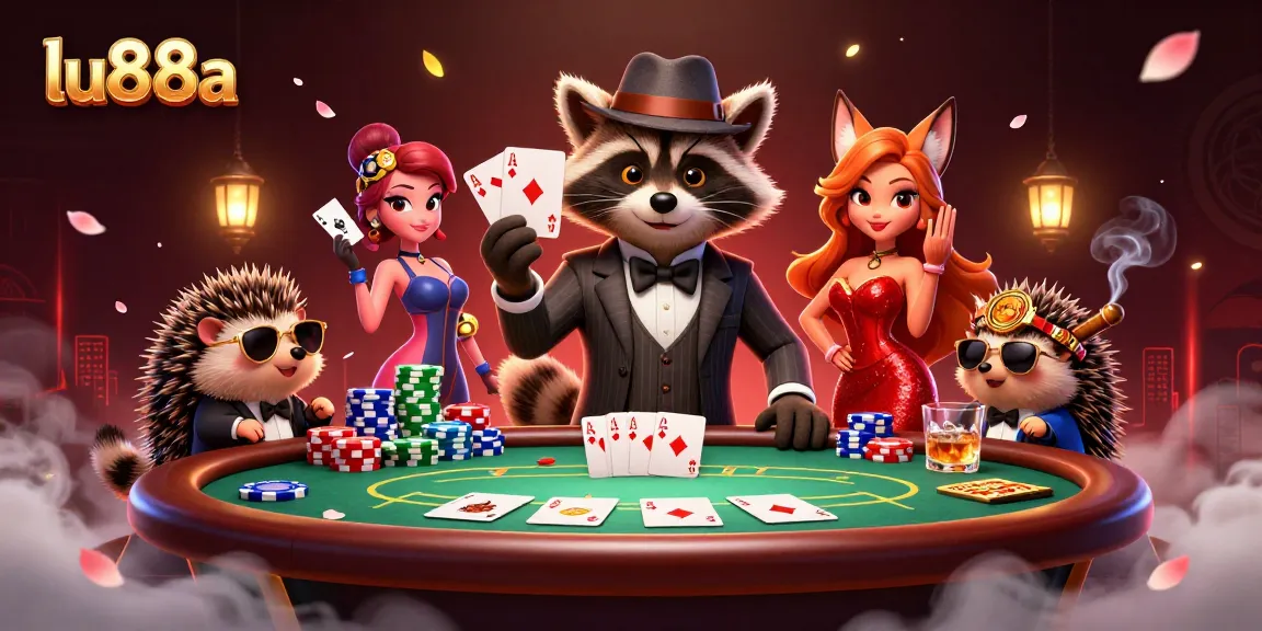Experience excitement at lu88a with a royal flush at a vibrant casino scene featuring friendly characters.