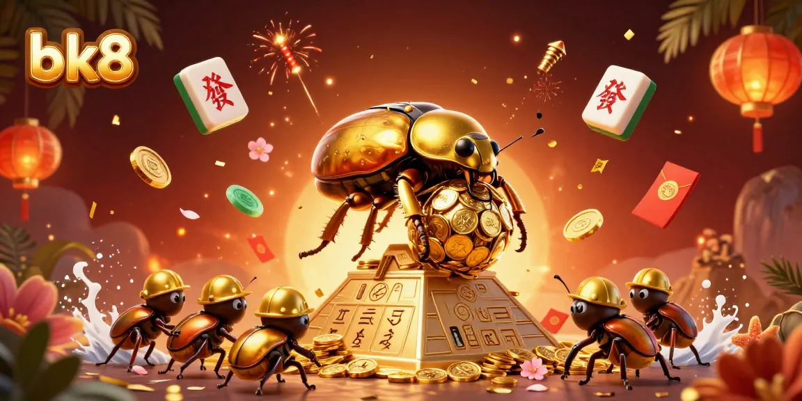 Experience a thrilling bk8 casino adventure with golden beetles and vibrant symbols amidst festive elements.