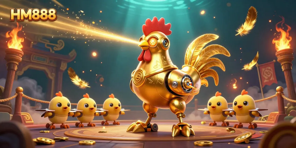 Experience thrilling gaming action with HM888 as a futuristic rooster battles in a vibrant casino arena.
