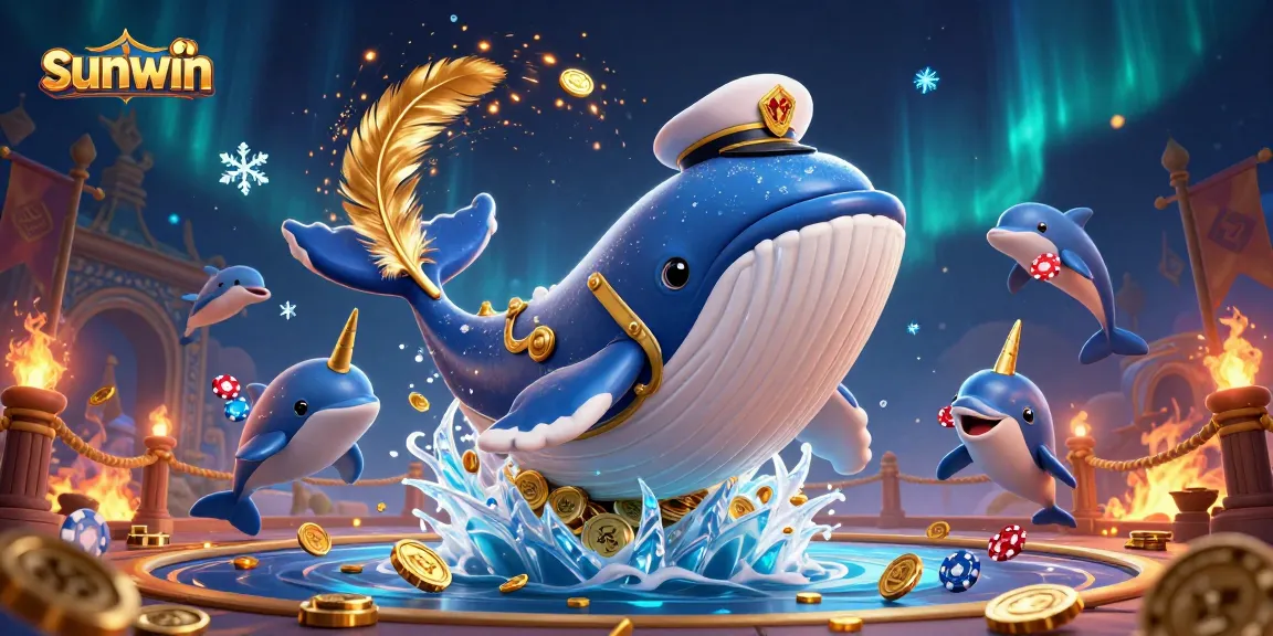 Sunwin showcases playful dolphins and a majestic whale in a lively casino scene filled with gold coins and poker chips.