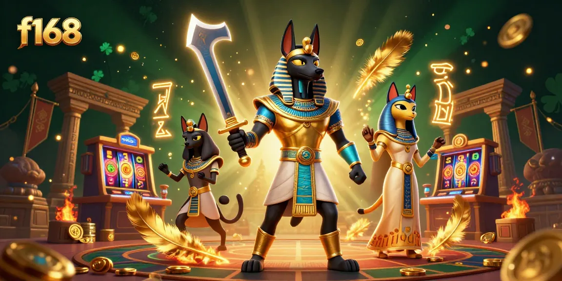 Experience the thrill of winning spins at f168 with Anubis and Bastet in an enchanting casino scene.