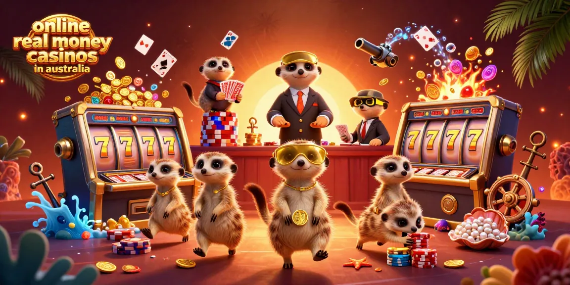 Experience the excitement of online real money casinos in Australia with playful meerkat characters running a vibrant casino.