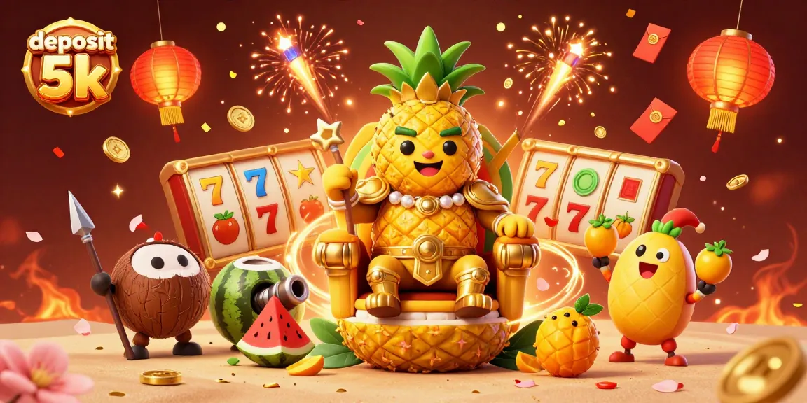Experience the thrill of deposit 5k gameplay with golden pineapple king and spinning slot reels in this vibrant scene.