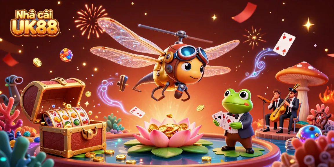 Experience the vibrant energy of Nhà cái UK88 with a lively casino scene featuring a dragonfly pilot, frog dealer, and celebrating musicians surrounded by rich gaming elements.