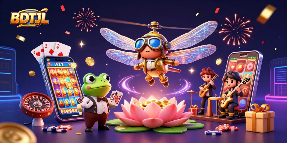 Experience BDTJL thrills with a vibrant casino scene featuring a dragonfly pilot, frog croupier, and jazzy crickets!